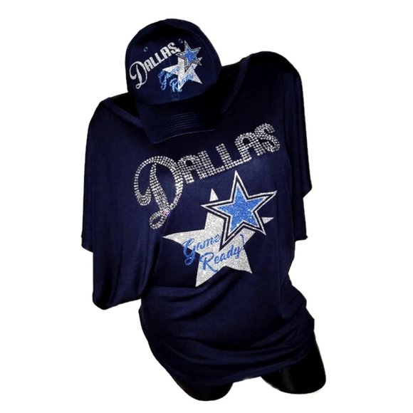 Dallas Game Ready Navy Flowy Hi/Lo Top with Shiny Lettering and Crystals. - Picture 2 of 5